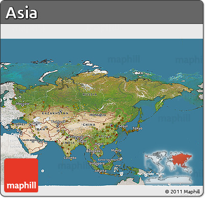 Satellite 3D Map of Asia, lighten, semi-desaturated, land only