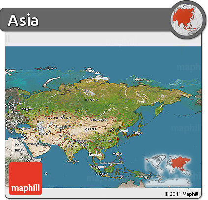 Satellite 3D Map of Asia, semi-desaturated, land only