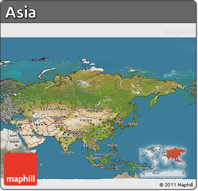 Satellite 3D Map of Asia, semi-desaturated, land only