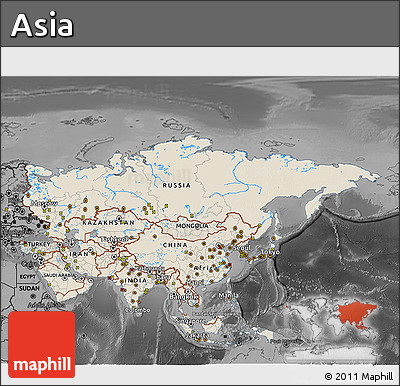 Shaded Relief 3D Map of Asia, darken, desaturated