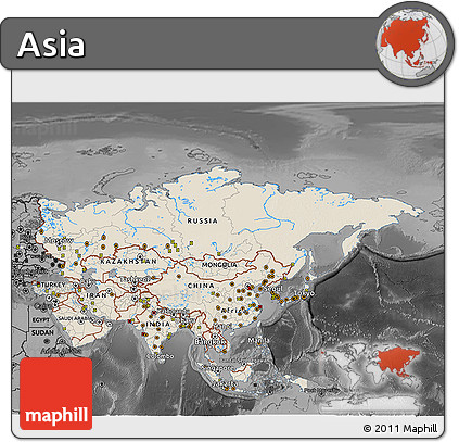 Shaded Relief 3D Map of Asia, darken, desaturated