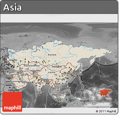 Shaded Relief 3D Map of Asia, darken, desaturated