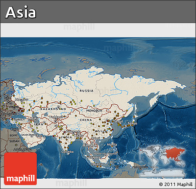 Shaded Relief 3D Map of Asia, darken