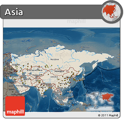 Shaded Relief 3D Map of Asia, darken