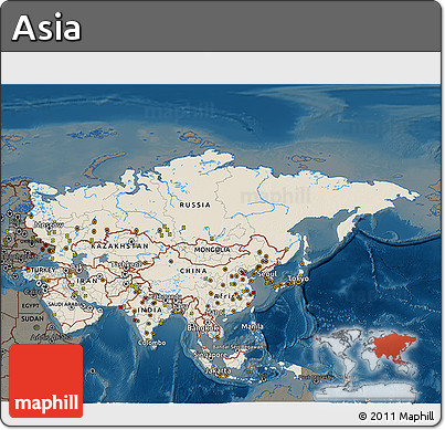 Shaded Relief 3D Map of Asia, darken