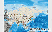 Shaded Relief 3D Map of Asia, darken, semi-desaturated, land only