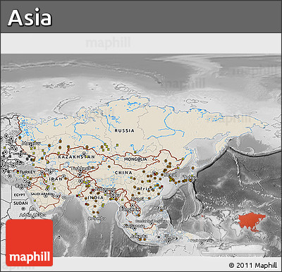 Shaded Relief 3D Map of Asia, desaturated