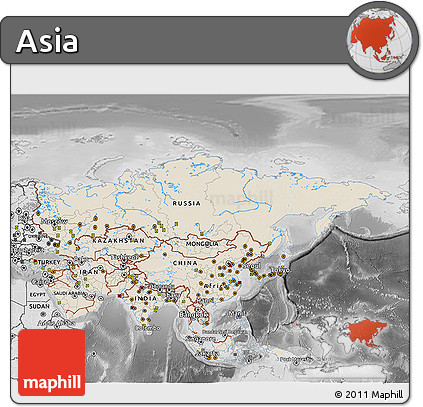 Shaded Relief 3D Map of Asia, desaturated