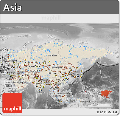 Shaded Relief 3D Map of Asia, desaturated