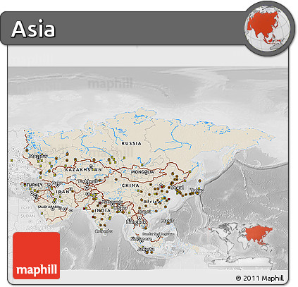 Shaded Relief 3D Map of Asia, lighten, desaturated