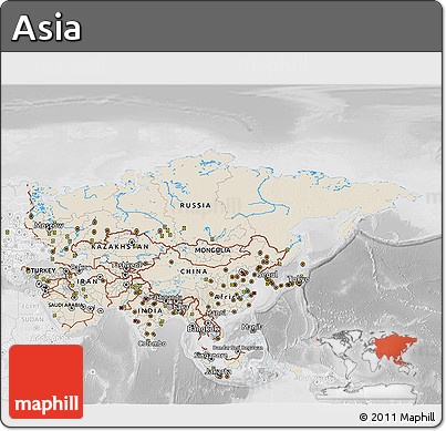 Shaded Relief 3D Map of Asia, lighten, desaturated