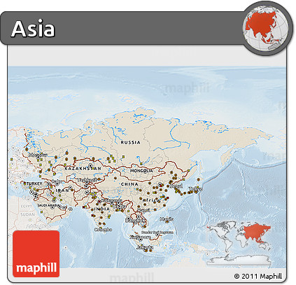 Shaded Relief 3D Map of Asia, lighten