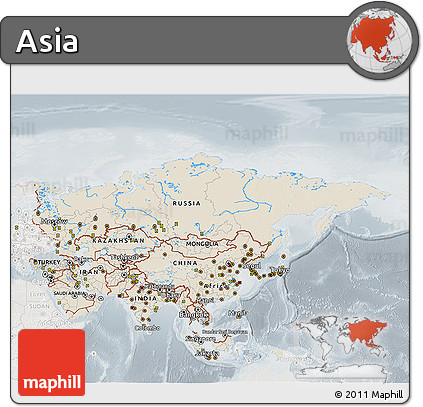 Shaded Relief 3D Map of Asia, lighten, semi-desaturated