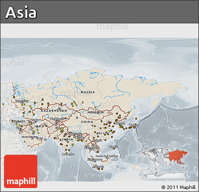 Shaded Relief 3D Map of Asia, lighten, semi-desaturated