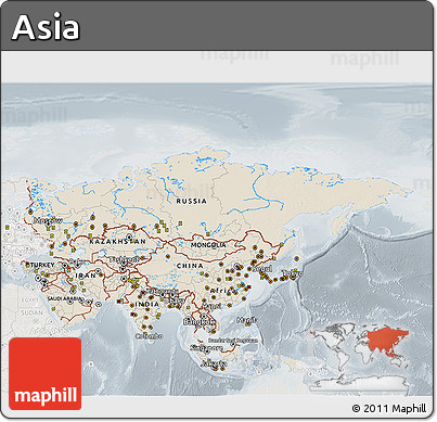 Shaded Relief 3D Map of Asia, lighten, semi-desaturated