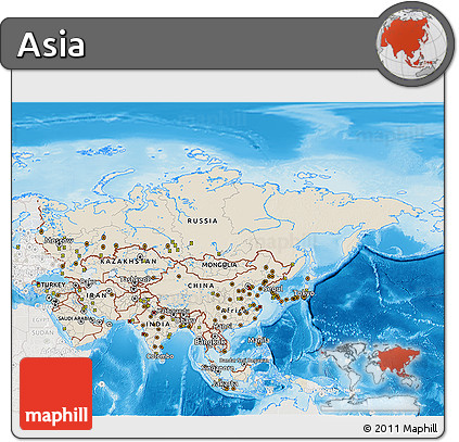 Shaded Relief 3D Map of Asia, lighten, semi-desaturated, land only