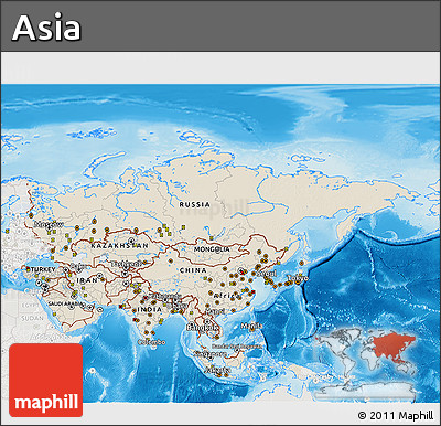 Shaded Relief 3D Map of Asia, lighten, semi-desaturated, land only