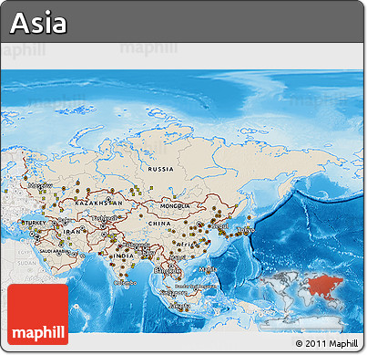 Shaded Relief 3D Map of Asia, lighten, semi-desaturated, land only