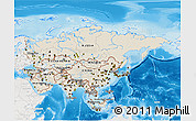 Shaded Relief 3D Map of Asia, lighten, semi-desaturated, land only
