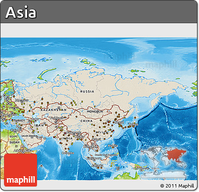 Shaded Relief 3D Map of Asia, physical outside