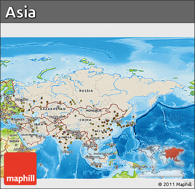 Shaded Relief 3D Map of Asia, physical outside