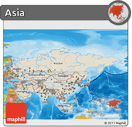 Shaded Relief 3D Map of Asia, political outside, shaded relief sea