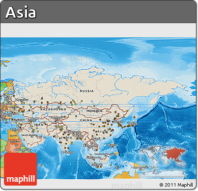 Shaded Relief 3D Map of Asia, political outside, shaded relief sea