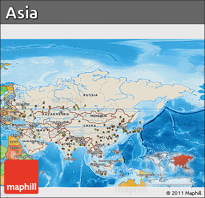 Shaded Relief 3D Map of Asia, political outside, shaded relief sea