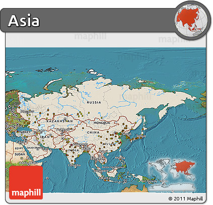 Shaded Relief 3D Map of Asia, satellite outside