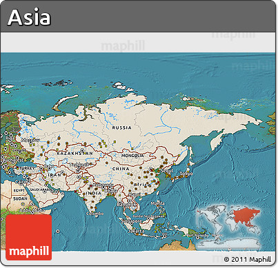 Shaded Relief 3D Map of Asia, satellite outside