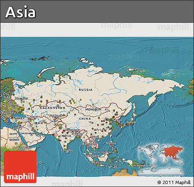 Shaded Relief 3D Map of Asia, satellite outside