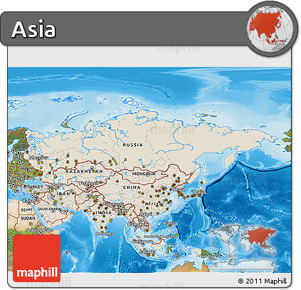Shaded Relief 3D Map of Asia, satellite outside, shaded relief sea