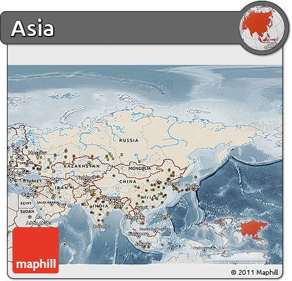Shaded Relief 3D Map of Asia, semi-desaturated