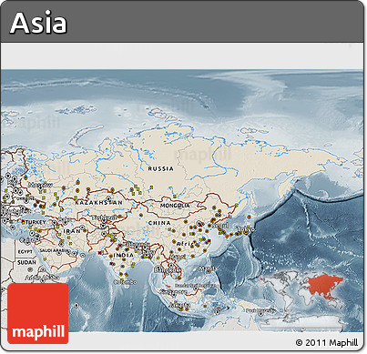 Shaded Relief 3D Map of Asia, semi-desaturated
