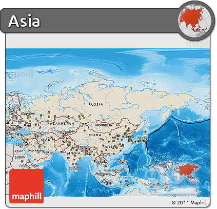 Shaded Relief 3D Map of Asia, semi-desaturated, land only