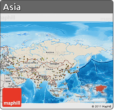 Shaded Relief 3D Map of Asia, semi-desaturated, land only