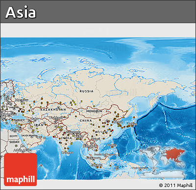 Shaded Relief 3D Map of Asia, semi-desaturated, land only