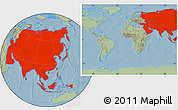 Savanna Style Location Map of Asia, within the entire world, hill shading