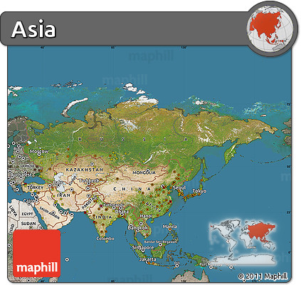 Satellite Map of Asia, semi-desaturated, land only