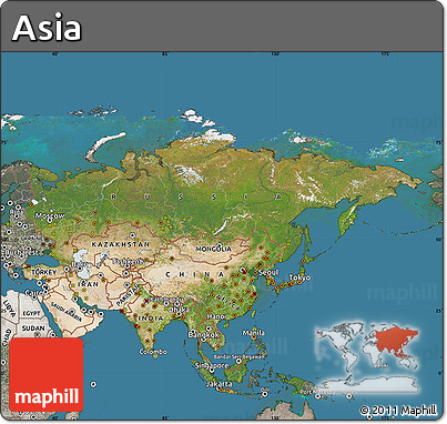 Satellite Map of Asia, semi-desaturated, land only