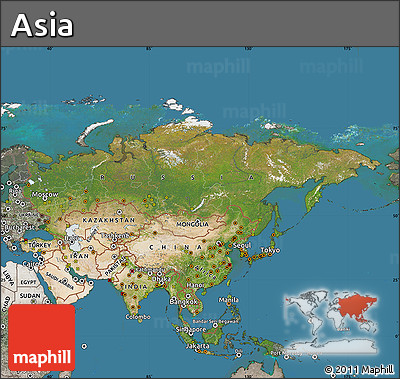 Satellite Map of Asia, semi-desaturated, land only
