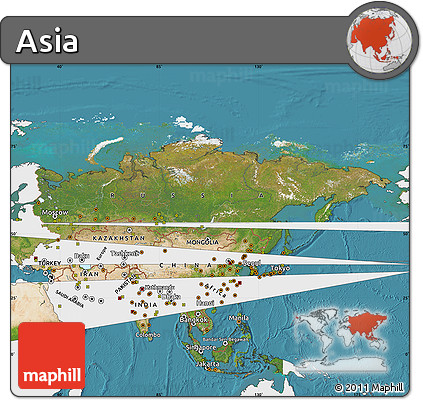Satellite Map of Asia, single color outside
