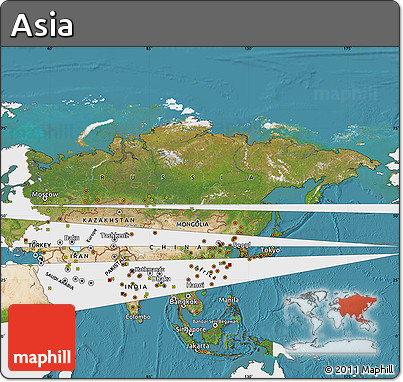 Satellite Map of Asia, single color outside