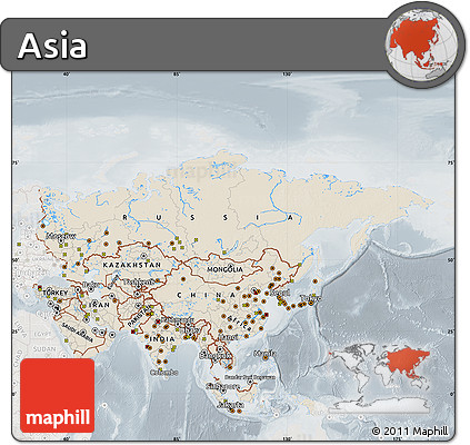 Shaded Relief Map of Asia, lighten, semi-desaturated