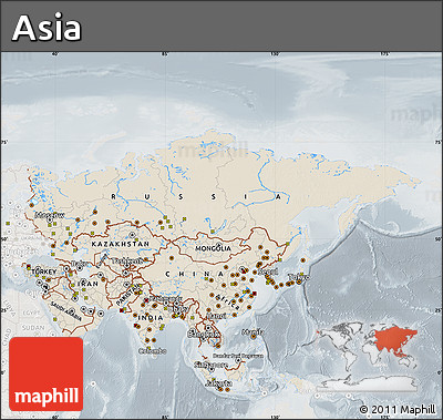 Shaded Relief Map of Asia, lighten, semi-desaturated