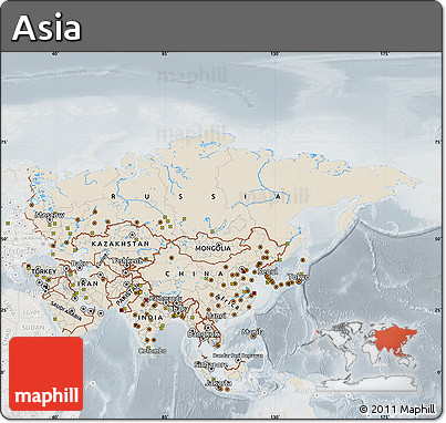 Shaded Relief Map of Asia, lighten, semi-desaturated