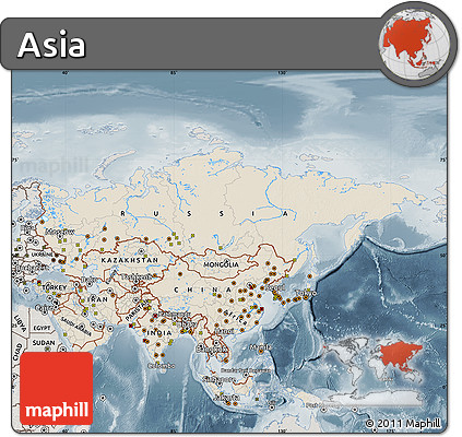 Shaded Relief Map of Asia, semi-desaturated