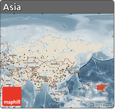Shaded Relief Map of Asia, semi-desaturated