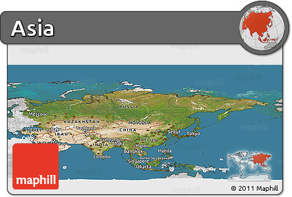 Satellite Panoramic Map of Asia, lighten, desaturated, land only
