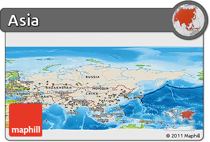 Shaded Relief Panoramic Map of Asia, physical outside